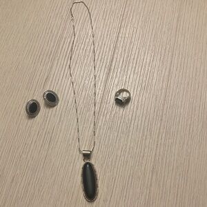 Vintage black onyx oval necklace, earrings and men/woman black onyx ring